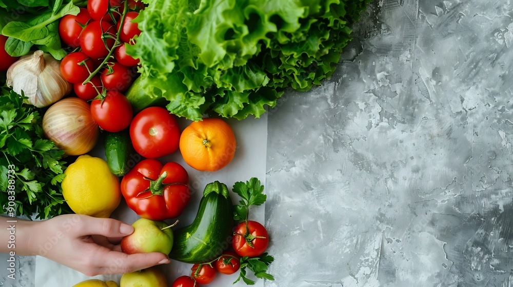 World food day vegetarian day Vegan day concept Top view of woman hand covering fresh vegetables fruit on white paper background : Generative AI World food day vegetarian day Vegan day concept Top view of woman hand covering fresh vegetables fruit on white paper background : Generative AI