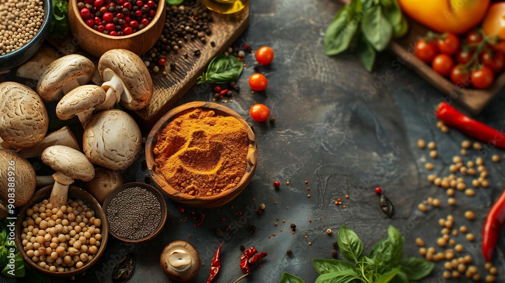 Asianstyled raw vegan food grain seeds vegetables mushrooms and fish hot and spicy Top view panorama banner with copy space : Generative AI
