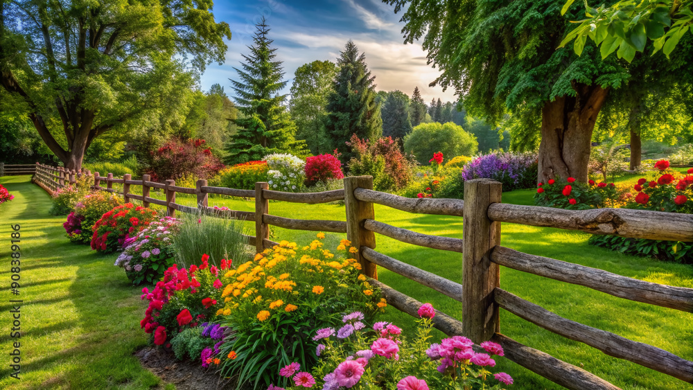 Rustic wooden fence surrounds a lush green yard with vibrant flowers and a few trees, creating a serene and peaceful backyard atmosphere. Rustic wooden fence surrounds a lush green yard with vibrant flowers and a few trees, creating a serene and peaceful backyard atmosphere.