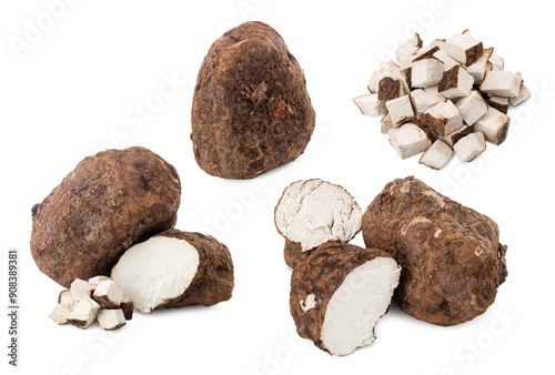 traditional Chinese medicine some fresh poria cocos and cut poria on white background. photo