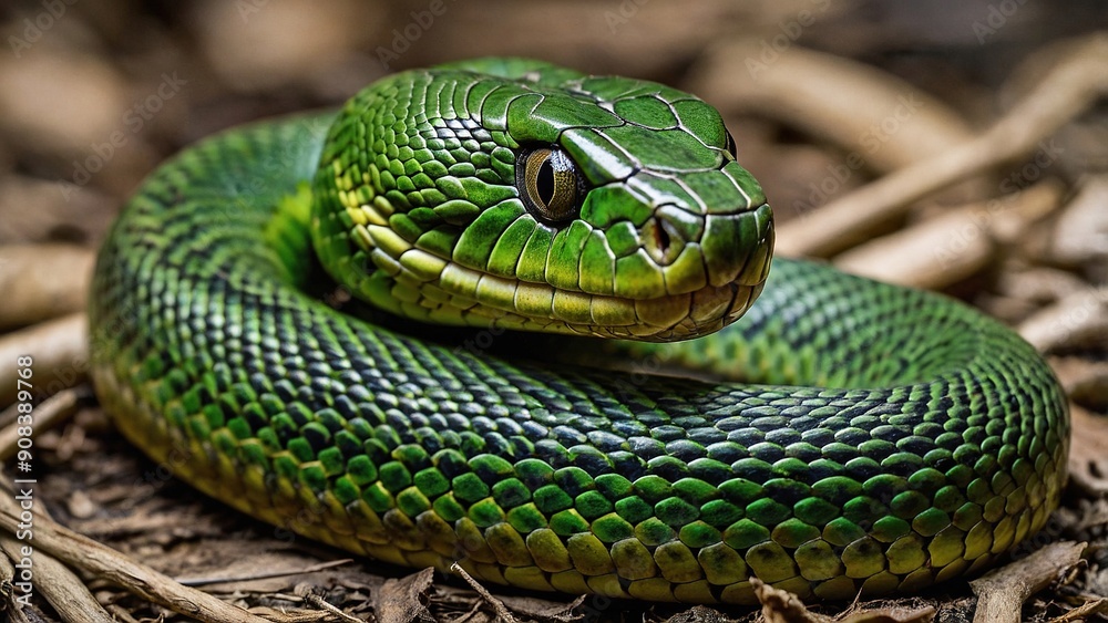 A vivid green snake is coiled elegantly A vivid green snake is coiled elegantly