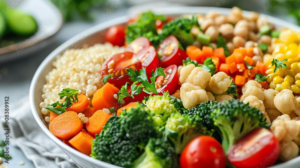 A bowl of quinoa, chickpeas, broccoli, and cherry tomatoes. A bowl of quinoa, chickpeas, broccoli, and cherry tomatoes.