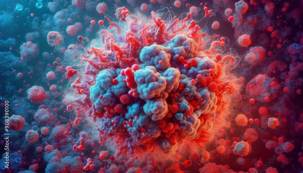 red virus and bacteria combine into a balls shape red virus and bacteria combine into a balls shape