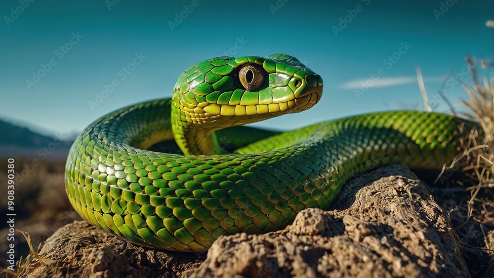 Fototapeta premium A vivid green snake is coiled elegantly