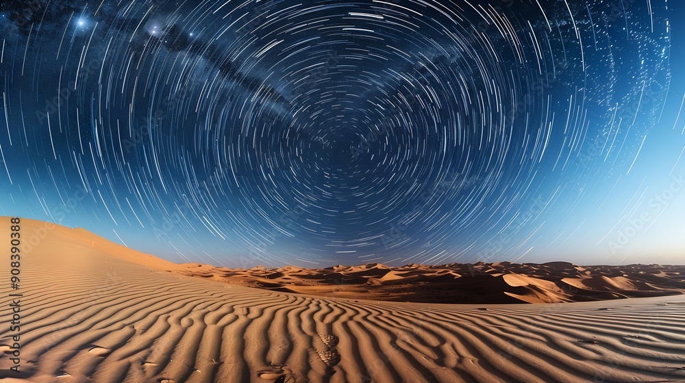 Naklejka premium Star trail over the sand dunes of rub al khali desert oman middle east : Generative AI