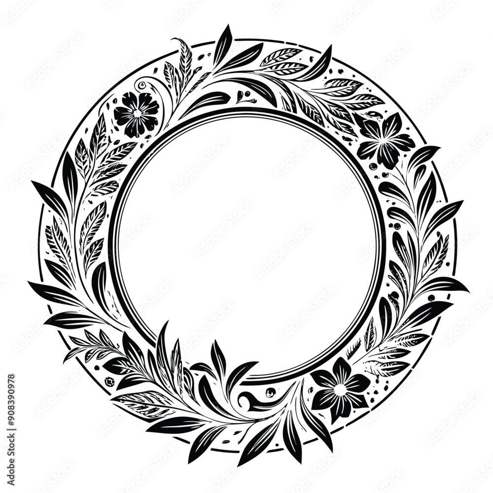 Obraz premium simple minimalism old Engraving vintage hand drawn circle frame with floral elements white background