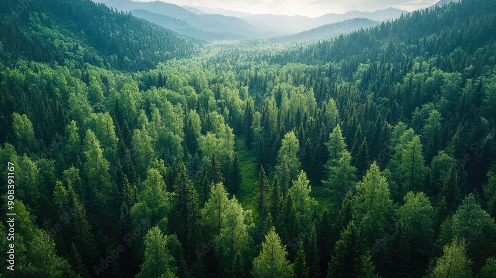 Obraz premium Aerial top view of lush green forest and dense trees in rural Altai, captured from a drone to showcase the expansive natural landscape