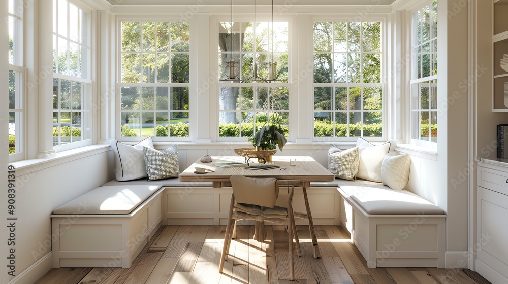 A bright and airy breakfast nook with a built in bench and a wooden table. A bright and airy breakfast nook with a built in bench and a wooden table.