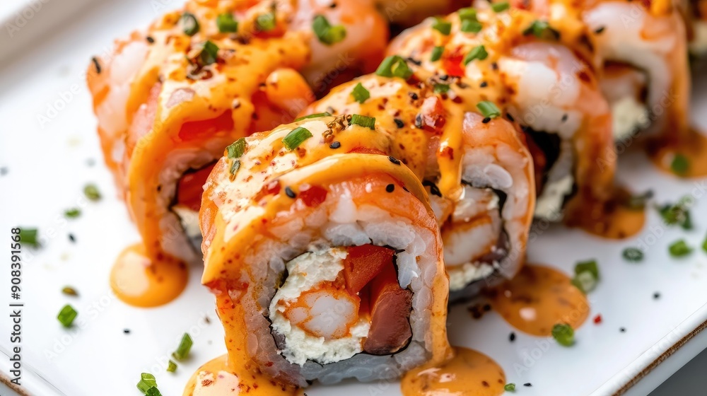 Artistic top view of rolls featuring shrimp, cream cheese, tomatoes, and spicy sauce on a white plate, highlighting the vibrant colors and textures Artistic top view of rolls featuring shrimp, cream cheese, tomatoes, and spicy sauce on a white plate, highlighting the vibrant colors and textures