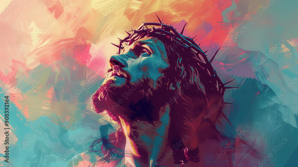 A digital painting of Jesus Christ, solemn face, thorn crown, gentle light rays, celestial background A digital painting of Jesus Christ, solemn face, thorn crown, gentle light rays, celestial background