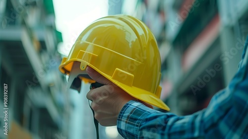 Helmet construction Engineer team Men hands holding hardhat yellow work helmet in Civil Construction Engineering Close up engineer man hold safety yellow worker helmet hard hat at Cons : Generative AI