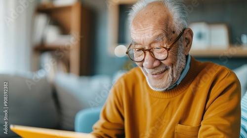 An elderly man smiles while reading a book at home, showcasing joy and warmth in a cozy living room setting.