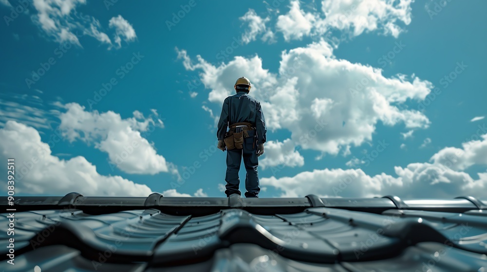 Repair and replacement of the old roof with a new one Construction worker in protective clothing standing on roof with tools : Generative AI Repair and replacement of the old roof with a new one Construction worker in protective clothing standing on roof with tools : Generative AI