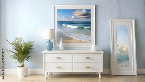 Coastal Serenity: A Whitewashed Frame with a Seascape Photograph in a Beach-Inspired Bedroom  AI generated photo