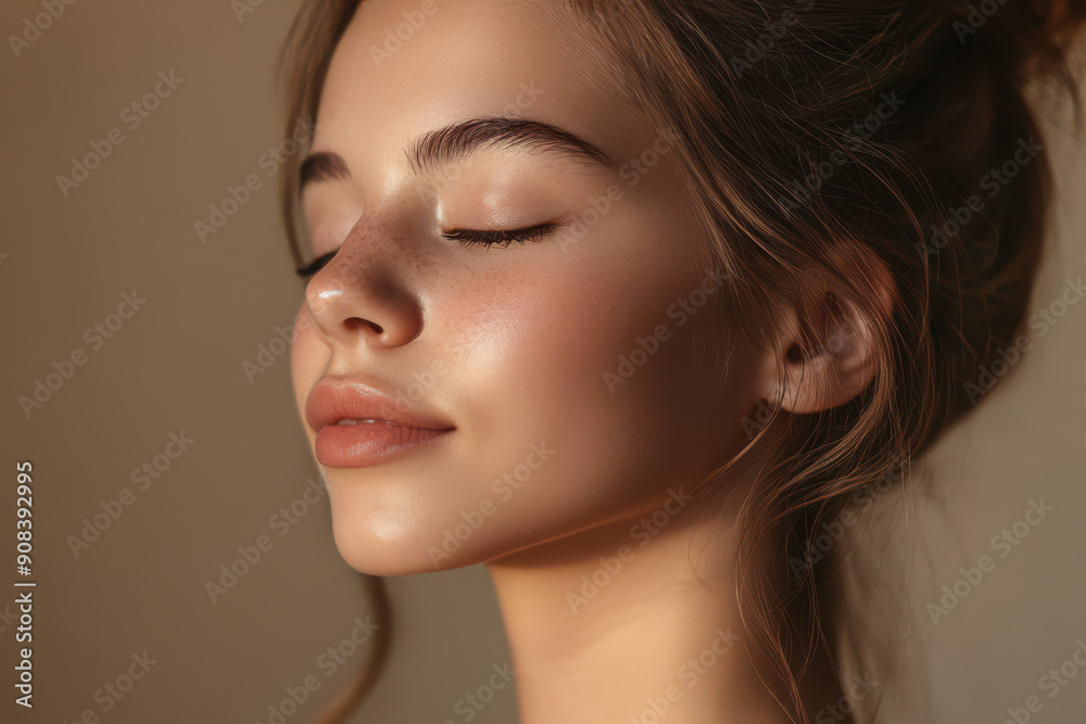 A close up of a girl's face with her eyes closed