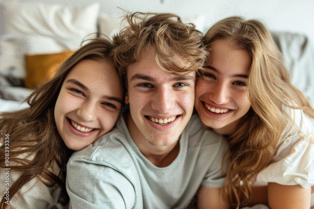 Three friends come together to share a joyful moment that highlights the essence of friendship and happiness Three friends come together to share a joyful moment that highlights the essence of friendship and happiness