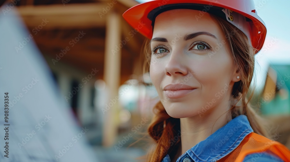 Stylish happy woman architect checking blueprints against modern farmhouse construction site Young female engineer or construction worker in hardhat with plans of new modern house : Generative AI Stylish happy woman architect checking blueprints against modern farmhouse construction site Young female engineer or construction worker in hardhat with plans of new modern house : Generative AI