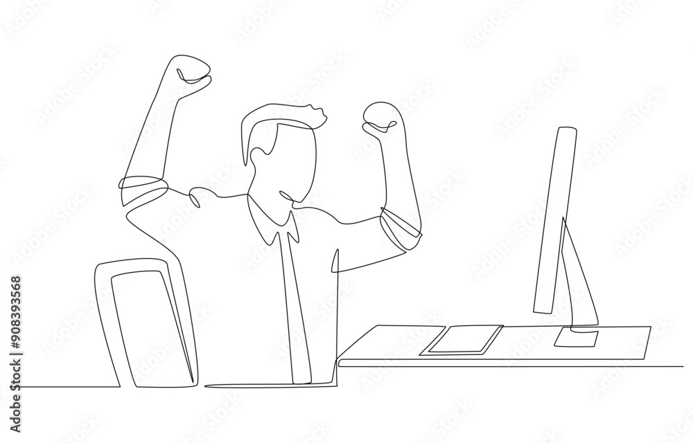 Continuous one line drawing of happy office worker sitting and raising hands in front of office pc, celebration of work success concept, single line art. Continuous one line drawing of happy office worker sitting and raising hands in front of office pc, celebration of work success concept, single line art.