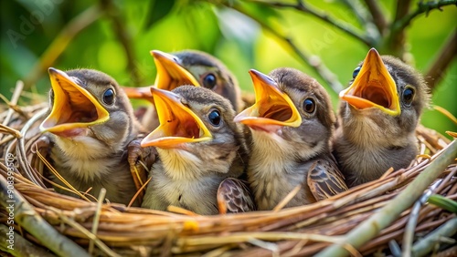 Tiny Anticipation: A Nest of Sparrows Awaiting Their Meal  AI Generated