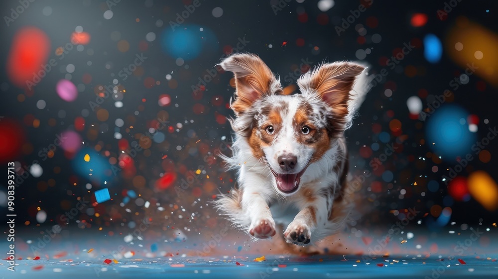 Playful Border Collie puppy leaping through abstract shapes with neon fur. Playful Border Collie puppy leaping through abstract shapes with neon fur.