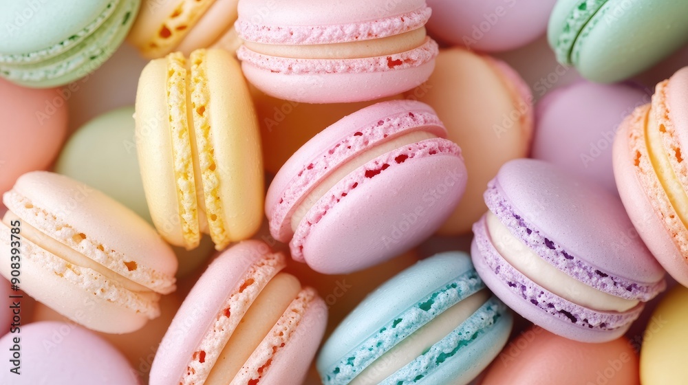 Detailed shot of pastel-toned macarons, arranged in a vibrant mix of soft colors, capturing the elegant and delicate dessert details Detailed shot of pastel-toned macarons, arranged in a vibrant mix of soft colors, capturing the elegant and delicate dessert details