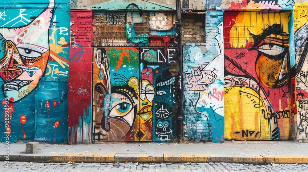 A narrow city alleyway with brightly colored graffiti art on the brick walls. A narrow city alleyway with brightly colored graffiti art on the brick walls.