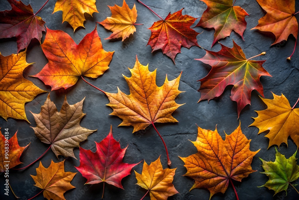 Autumn leaves on a dark background, Top view. Autumn leaves on a dark background, Top view.