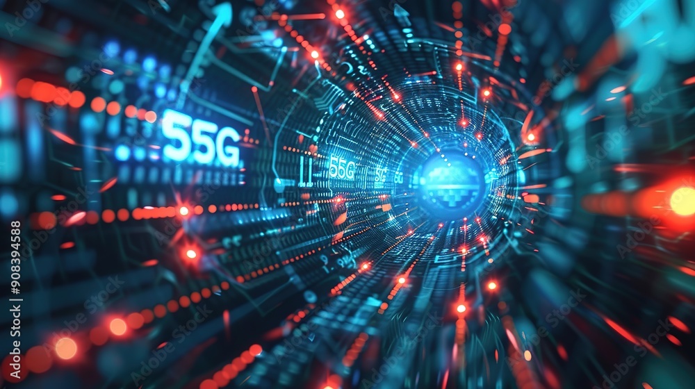 Image of digital interface with 5G network of connections and scope in glowing tunnel. Global technology and network of connections concept digitally generated image. Image of digital interface with 5G network of connections and scope in glowing tunnel. Global technology and network of connections concept digitally generated image.