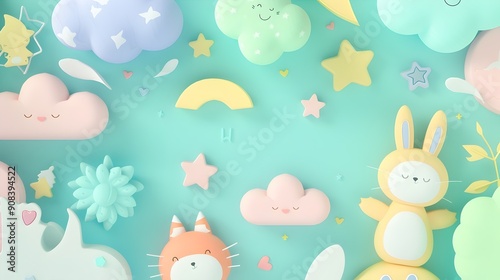 Wallpaper Mural Cute Bunny Sitting on Pastel Cloud with Stars Background Torontodigital.ca