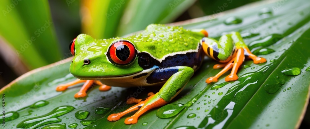 Closeup of a red eyed tree frog resting on a rain drenched tropical leaf Closeup of a red eyed tree frog resting on a rain drenched tropical leaf
