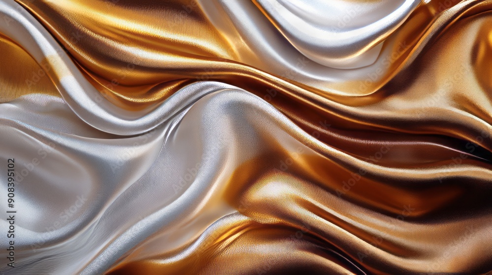 Elegant abstract wave of golden and silver fabric textures, creating a luxurious and flowing background.