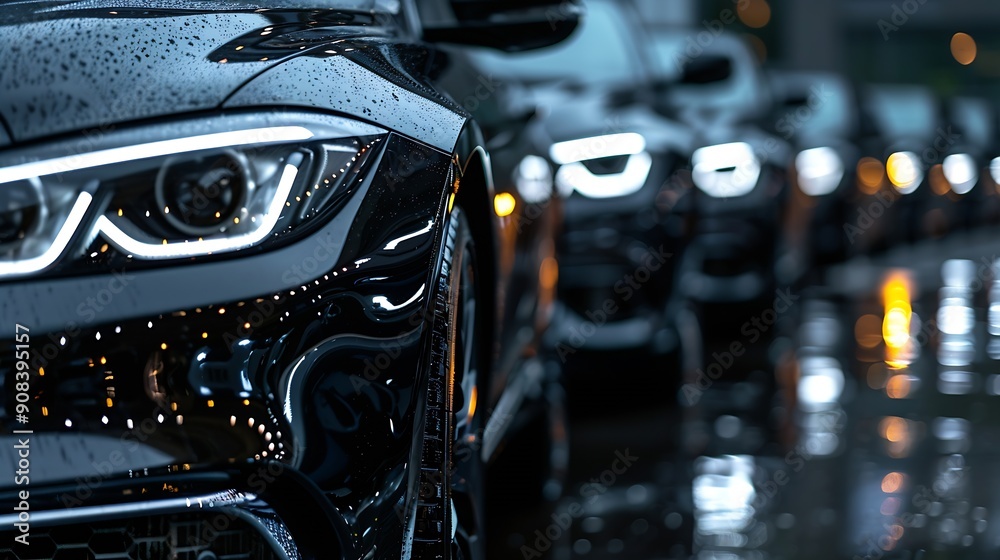 Black sedan cars standing in a row Fleet of generic modern cars Transportation Luxury car fleet consisting of generic brandless design isolated in dark background after rain wet surfac : Generative AI Black sedan cars standing in a row Fleet of generic modern cars Transportation Luxury car fleet consisting of generic brandless design isolated in dark background after rain wet surfac : Generative AI