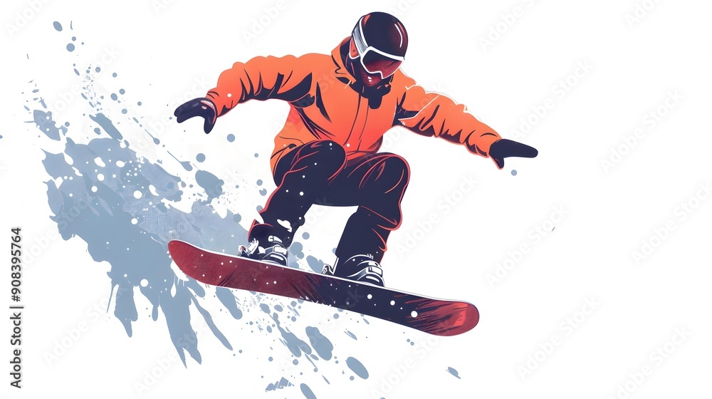 Minimalist of Snowboarder Performing Trick on White Background Minimalist of Snowboarder Performing Trick on White Background