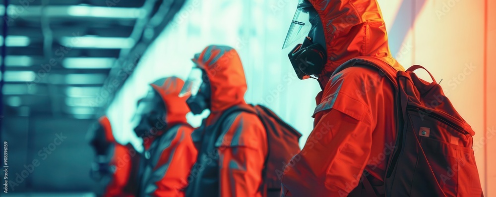 Emergency response team handling a nuclear incident, side view, highlighting coordinated efforts, futuristic tone, Complementary Color Scheme