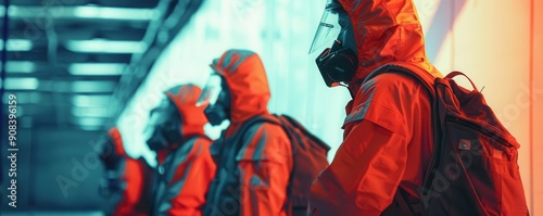 Obraz na płótnie Emergency response team handling a nuclear incident, side view, highlighting coordinated efforts, futuristic tone, Complementary Color Scheme w salonie