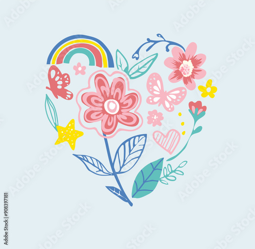 colorful flower and rainbow cartoon in heart shape vector illustration