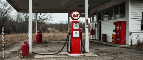 A nostalgic view of vintage gas pumps at an abandoned rural service station