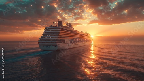 Big cruise ship in the sea at sunset Beautiful seascape Luxury Cruise Ship  Ocean Liner Concept for vacation and travel with a generic cruise ship : Generative AI