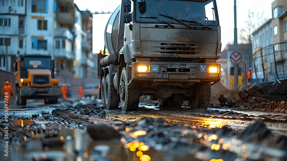Industrial Machinery at Work as Cement Mixer Truck Heads to Construction Zone : Generative AI