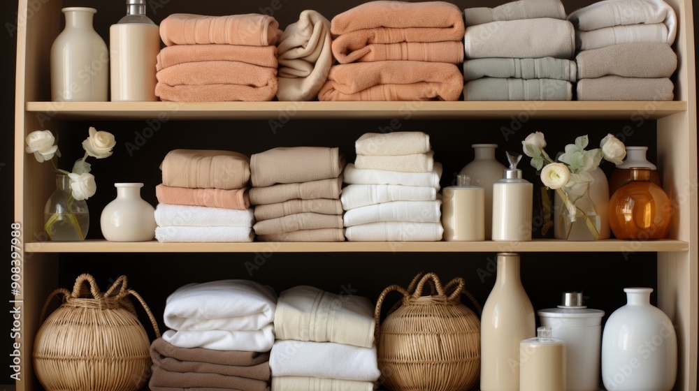 Bathroom shelf with towels, glass jars, and bottles. Bathroom shelf with towels, glass jars, and bottles.