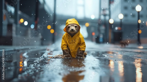 Photorealistic seal strutting down runway in neon raincoat and boots.