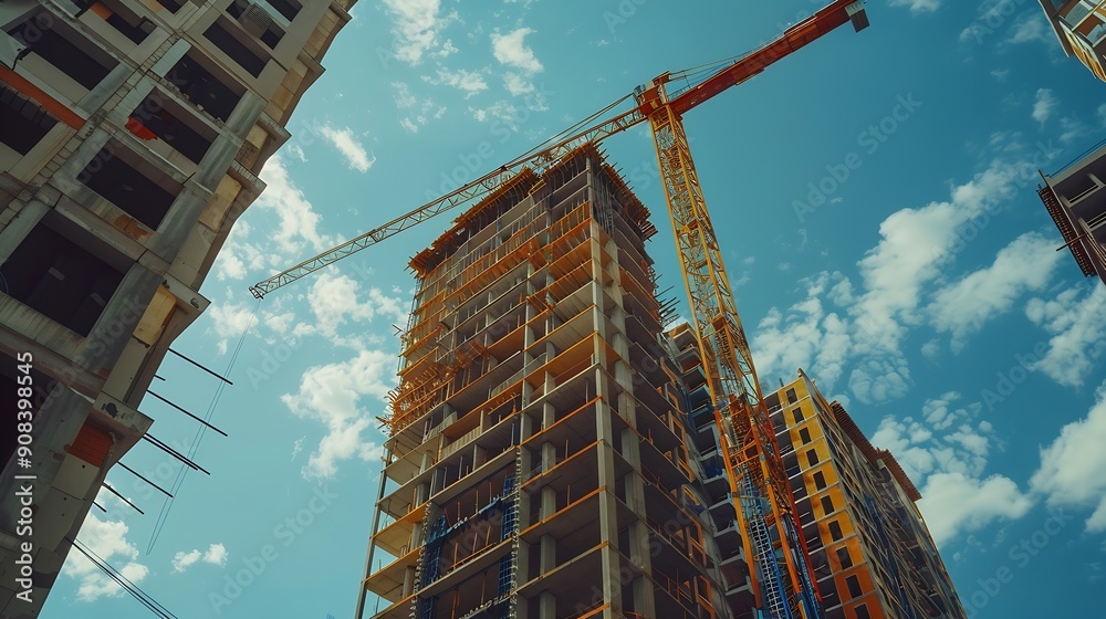 Fototapeta premium crane against modern buildings under construction Building under construction with working cranes in downtown Building site with cranes new development in the city Concrete high rise r : Generative AI