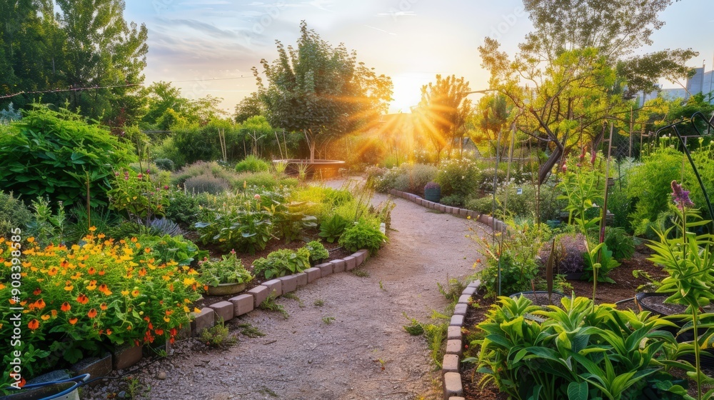 Obraz premium A serene garden path surrounded by vibrant flowers and greenery at sunset, creating a peaceful and inviting atmosphere.