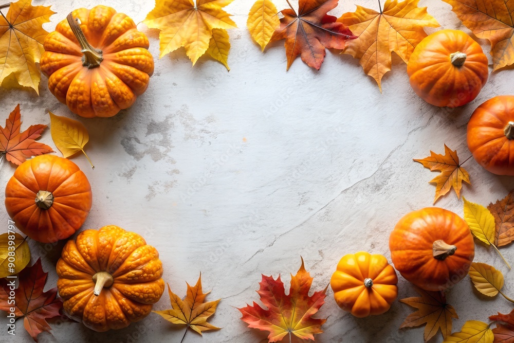 Fototapeta premium Leaves background with pumpkins, white empty space in the middle