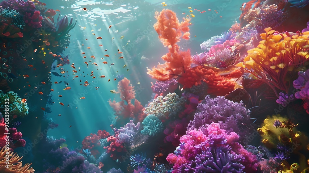 Naklejka premium Underwater scene with corals and tropical fish