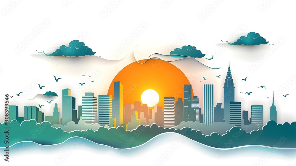 Minimalist Paper Cut City Skyline Art on White Background Minimalist Paper Cut City Skyline Art on White Background