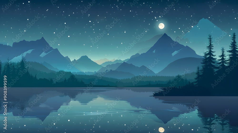 Fototapeta premium A serene night landscape with a full moon, stars, mountains, trees, and a reflective lake. The tranquil scene captures the beauty of nature under the night sky.