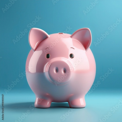 Cute pink piggy bank against a blue background, symbolizing savings, finance, and money management for personal finances.