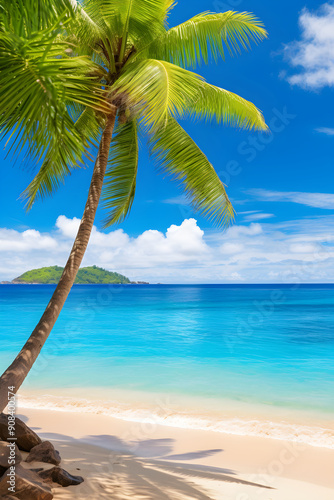 Fototapeta Naklejka Na Ścianę i Meble -  Glorious Summertime - Tropical Beach, Crystal Clear Water, Pristine Sandy Shores, and Palms Swaying in Warm Golden Light