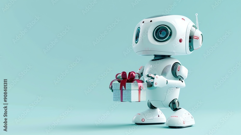 A white robot holds a wrapped gift on a blue background. A white robot holds a wrapped gift on a blue background.